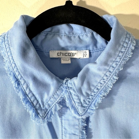 2/$35 Chico's Fringed Button Down Shirt Blue - Picture 3 of 12